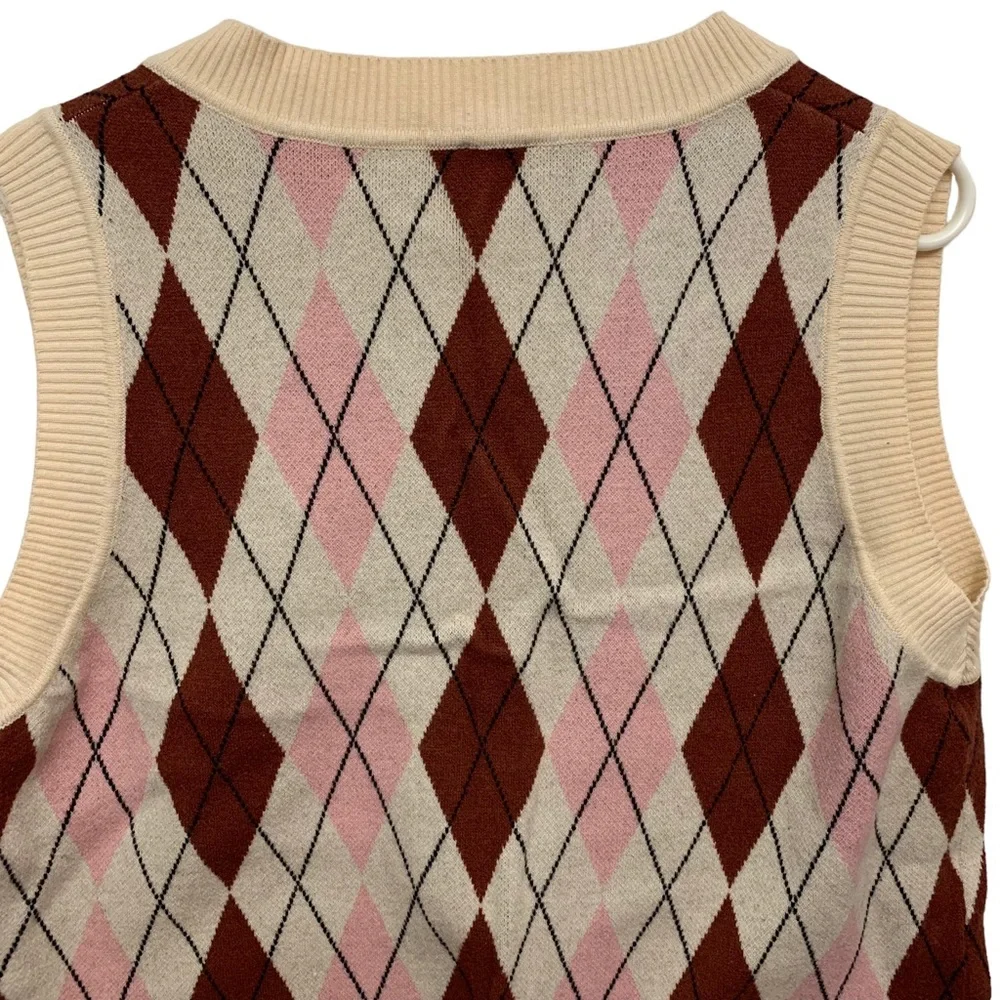 Princess Polly Argyle Sweater Vest Pink Brown Preppy V Neck Knit